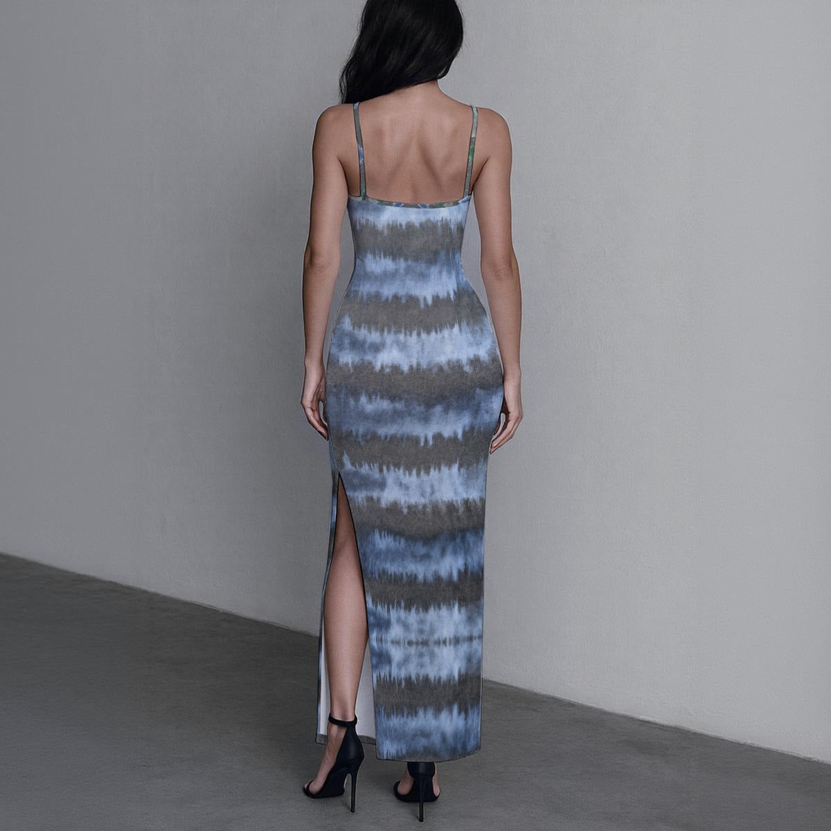 Shibori Stripes Women's Bodycon Long Dress with Slit