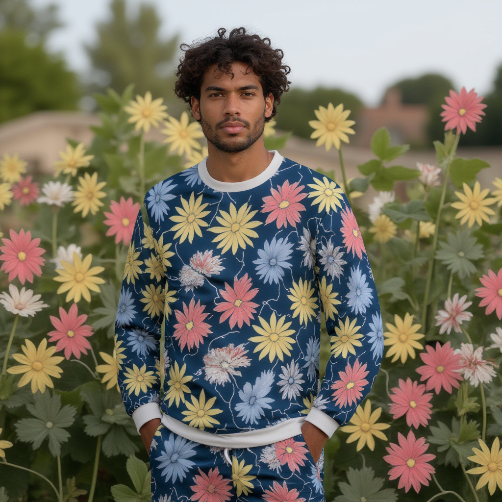 Floral Print Unisex O-neck Sweatshirt in 100% Luxury Cotton Terry Cloth