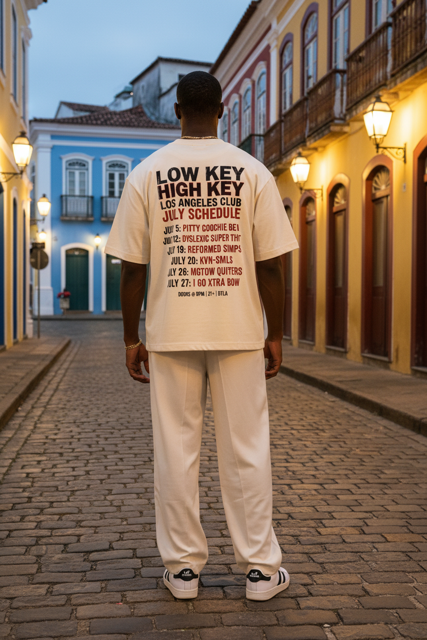 Beige t-shirt with black and red text on a white background