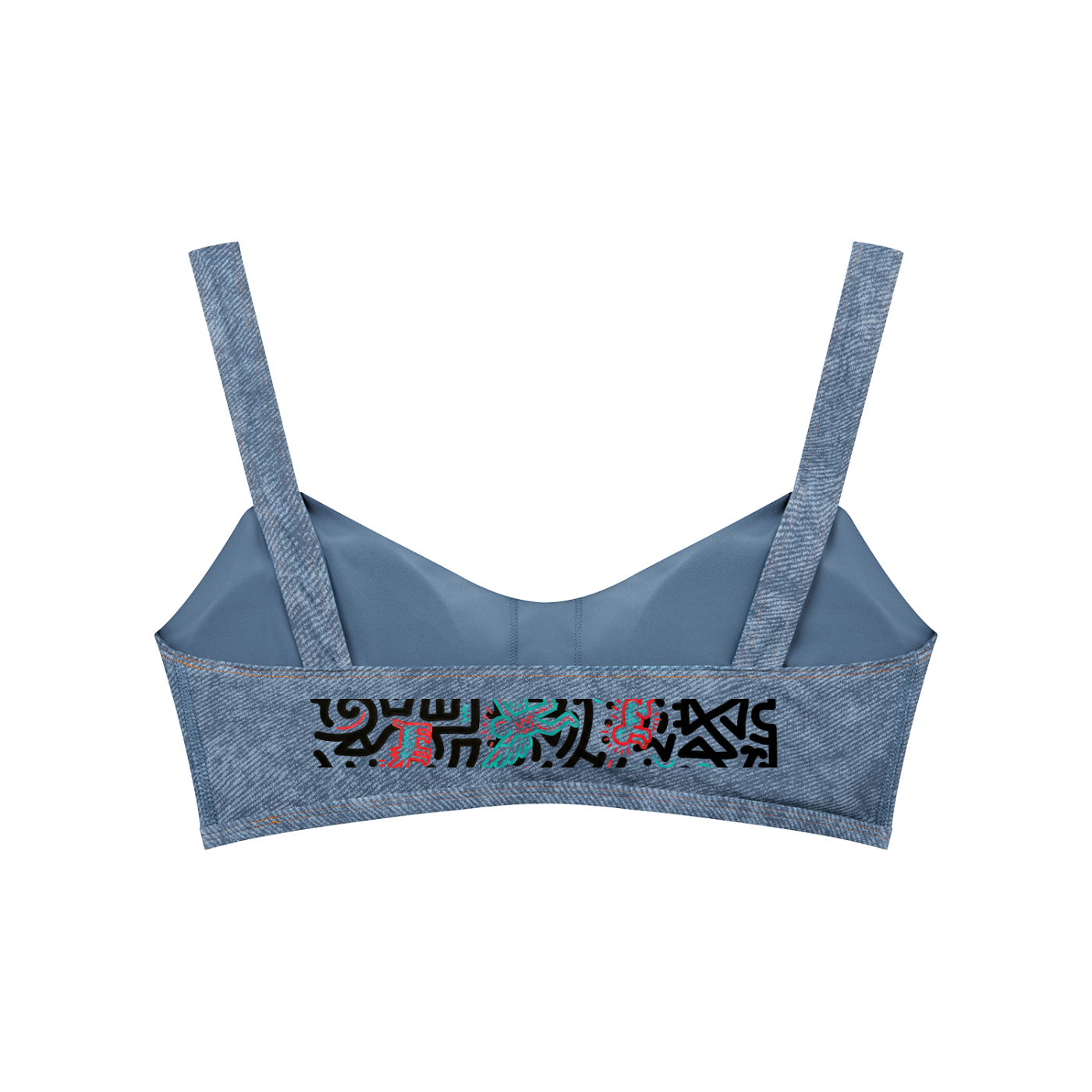 Blue sports bra with colorful text on a white background