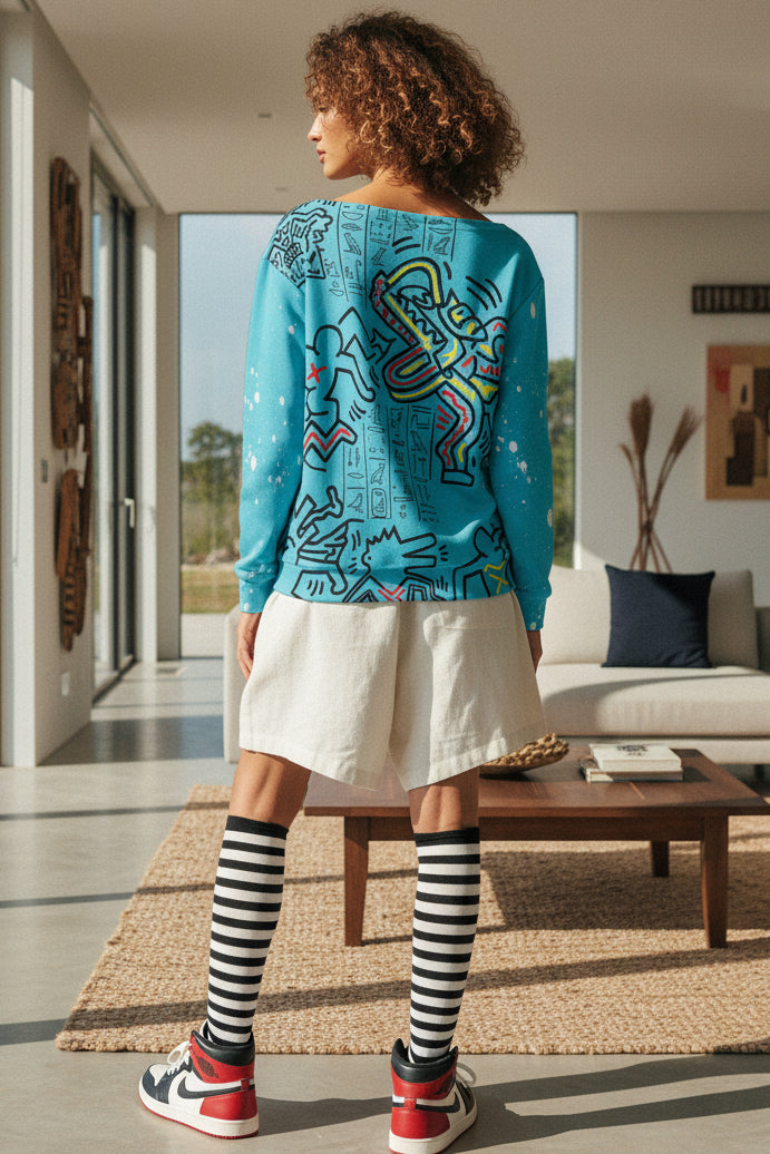 1980's Glyphs Women's Off-Shoulder Sweatshirt