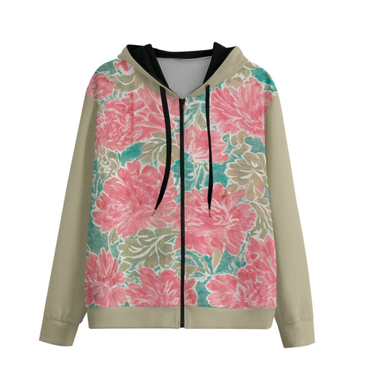 Watercolor Floral Print Cotton Zip-Up Hoodie