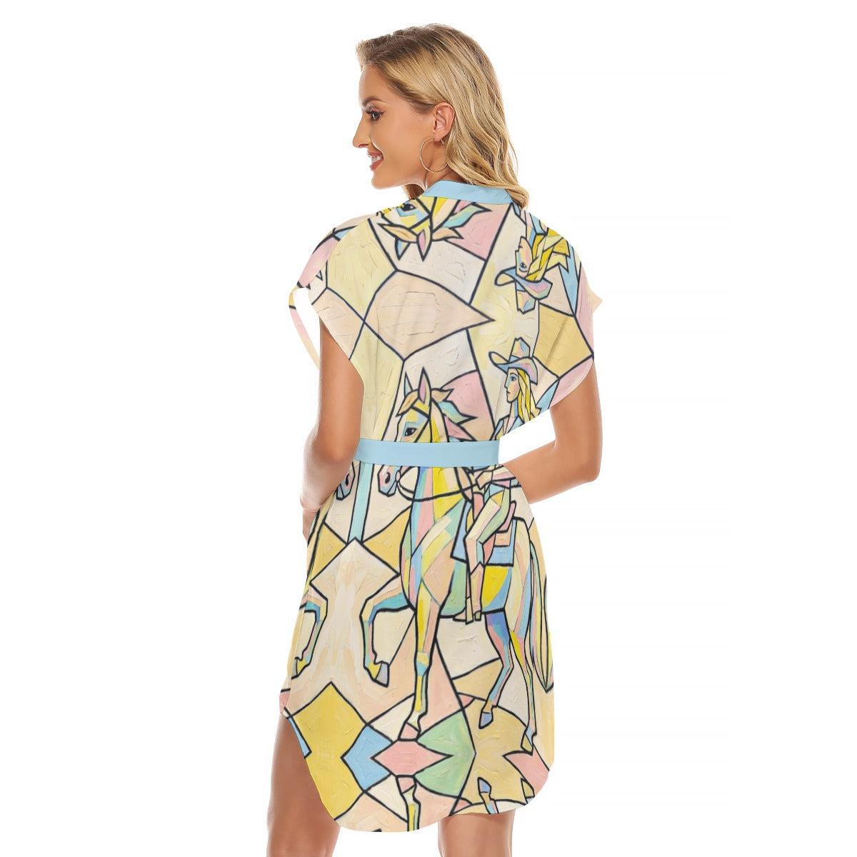 Cow Girl on Horse Women's Stand-up Collar Casual Dress With Belt