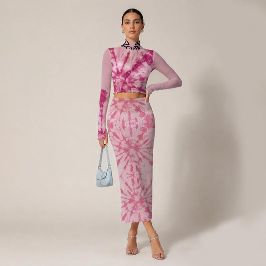 Tye Dye Swirl Women's High Neck Skirt Set With Thumb Hole
