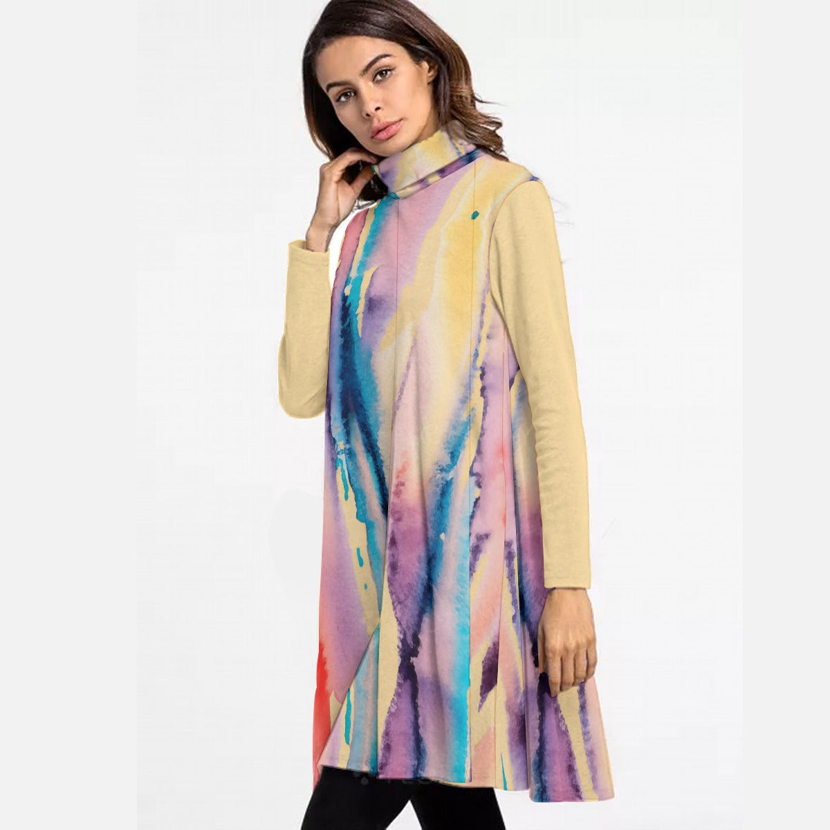 Watercolor Drip Women's High Neck Dress With Long Sleeves