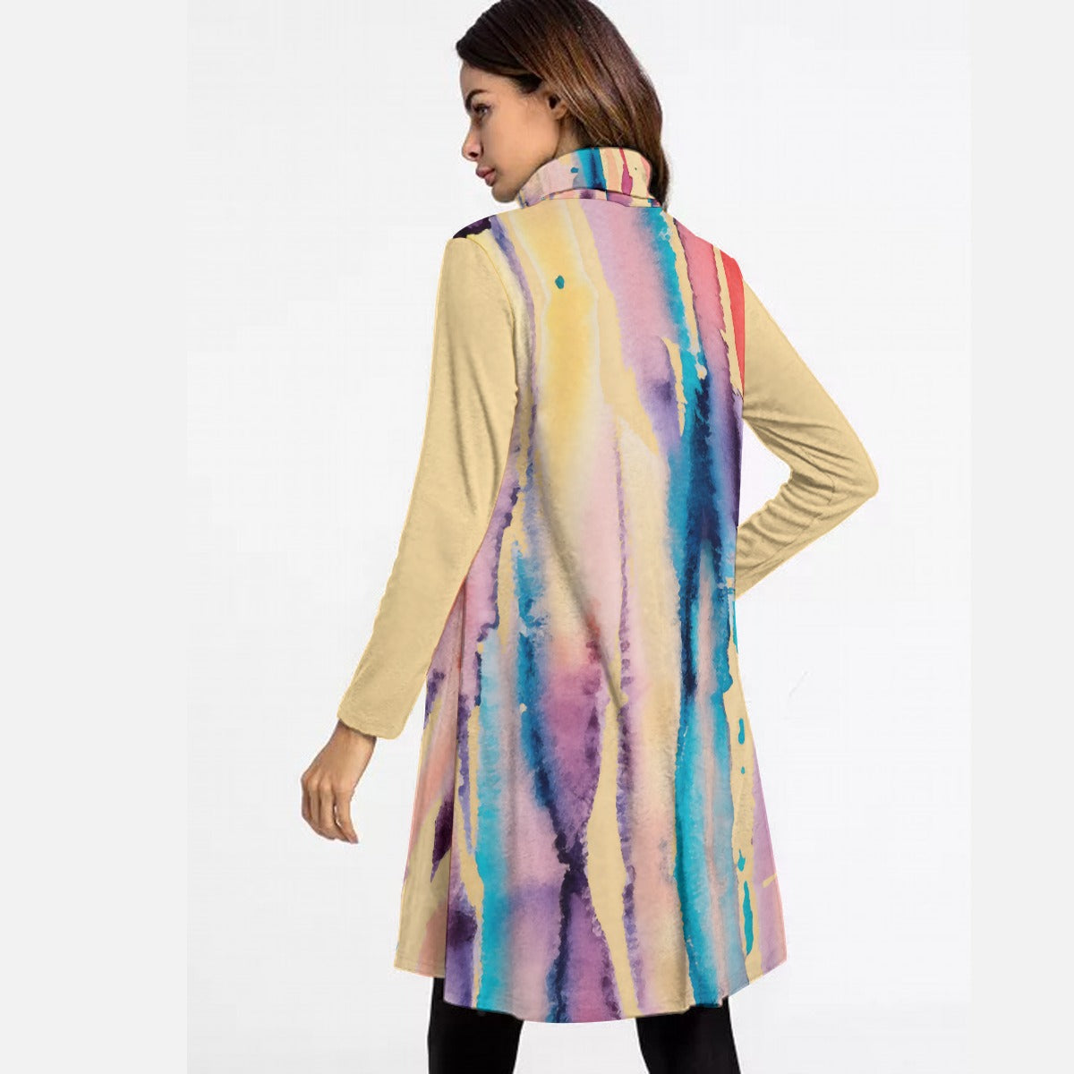 Watercolor Drip Women's High Neck Dress With Long Sleeves