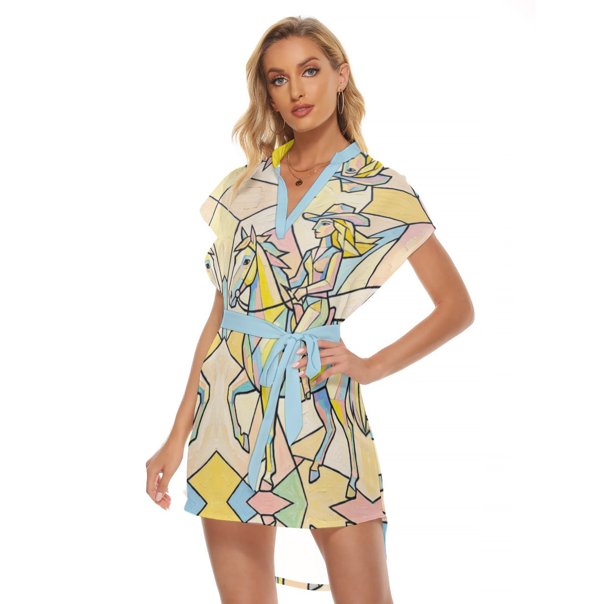 Cow Girl on Horse Women's Stand-up Collar Casual Dress With Belt