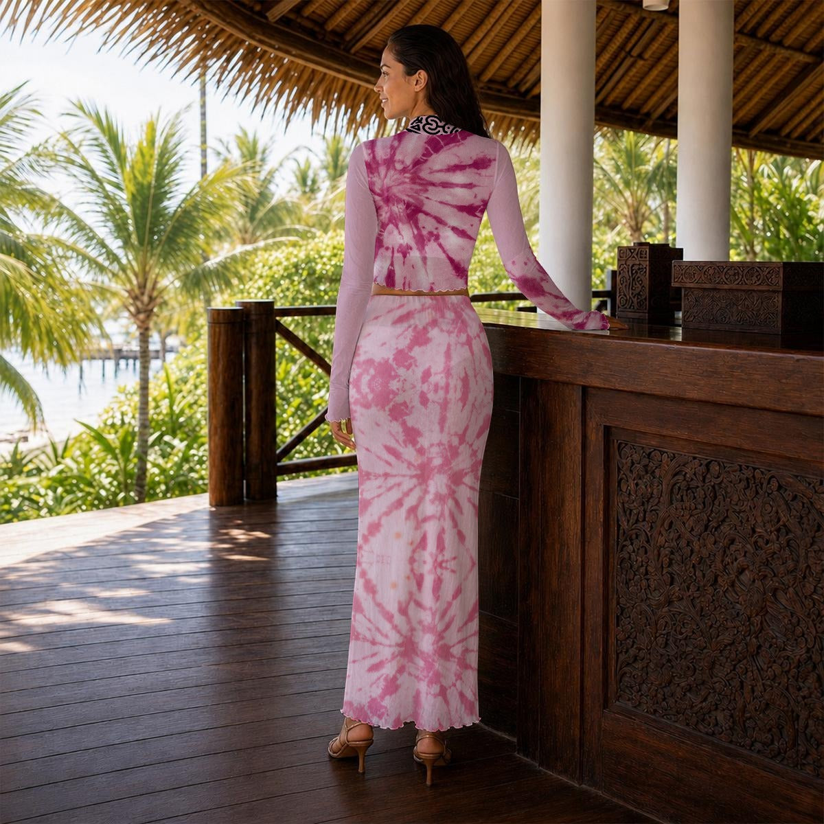 Tye Dye Swirl Women's High Neck Skirt Set With Thumb Hole