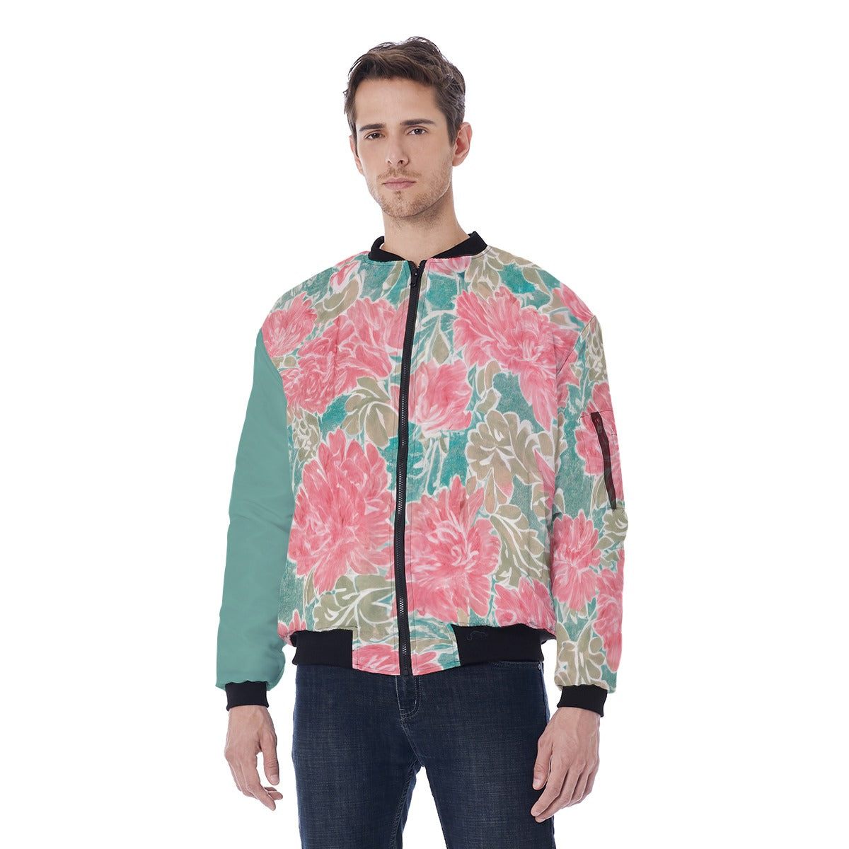 Water Color Floral Print Bomber Jacket With with Sleeve Pocket