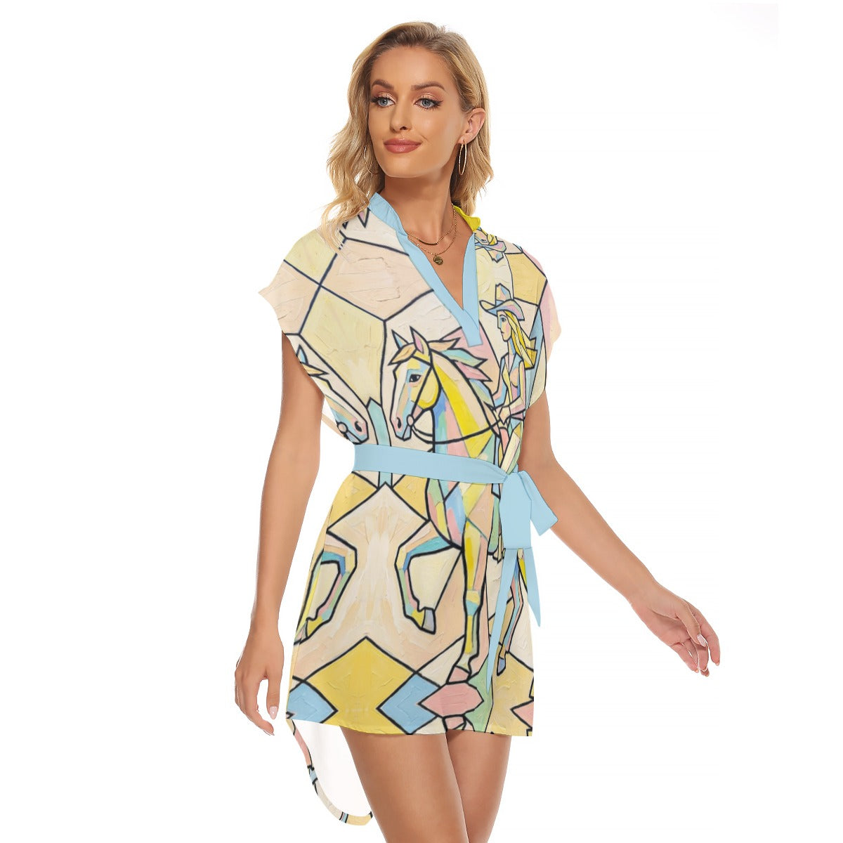 Cow Girl on Horse Women's Stand-up Collar Casual Dress With Belt