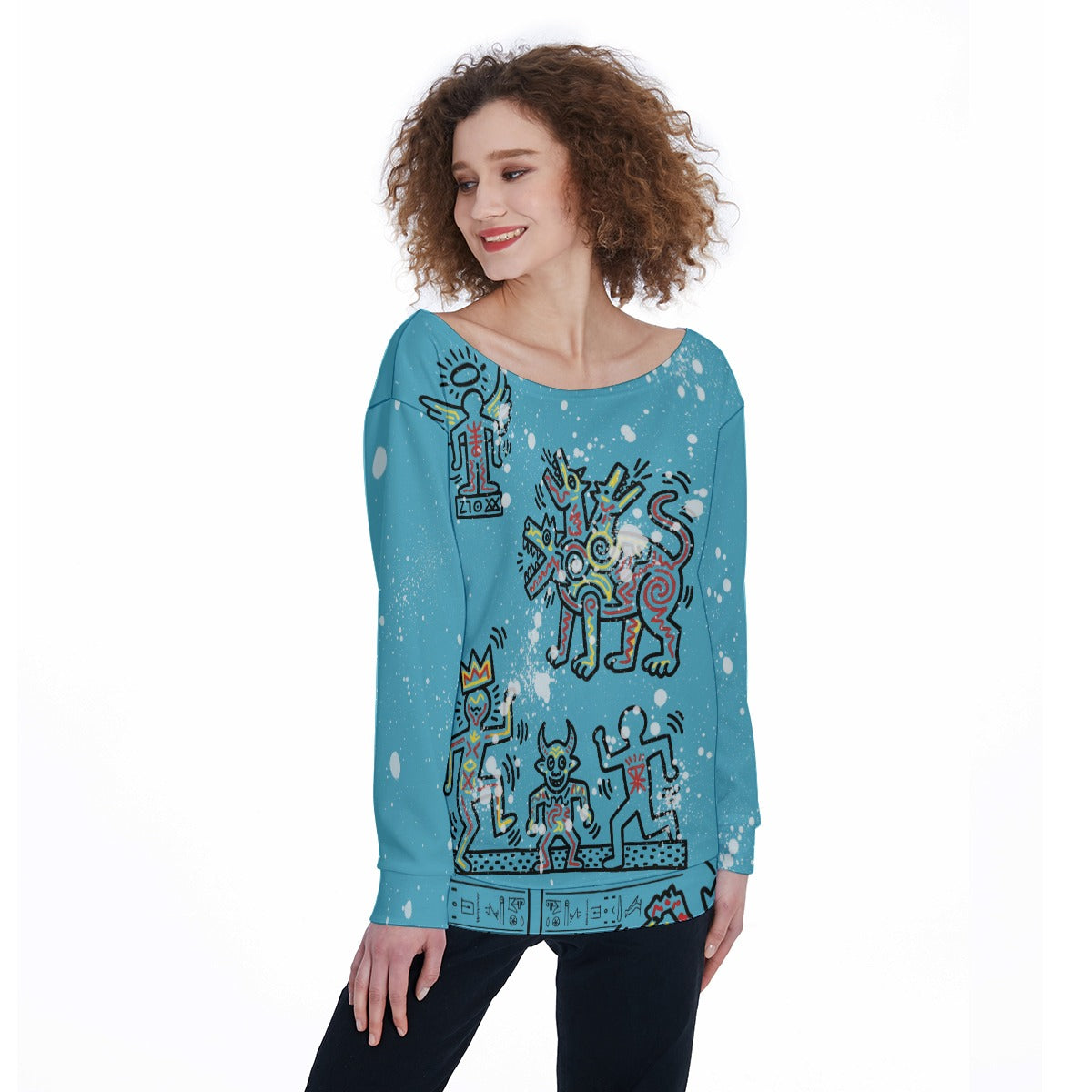 1980's Glyphs Women's Off-Shoulder Sweatshirt