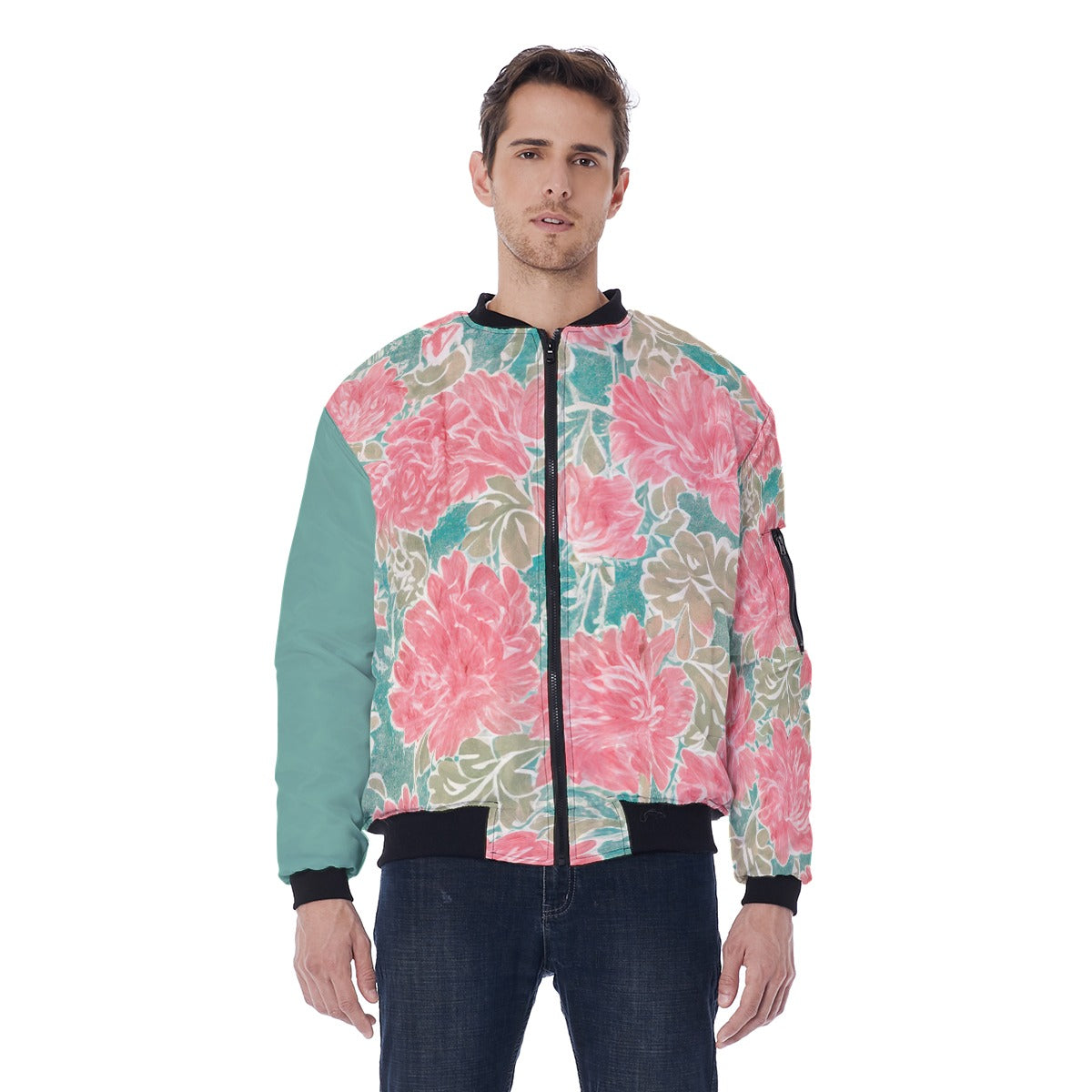 Water Color Floral Print Bomber Jacket With with Sleeve Pocket