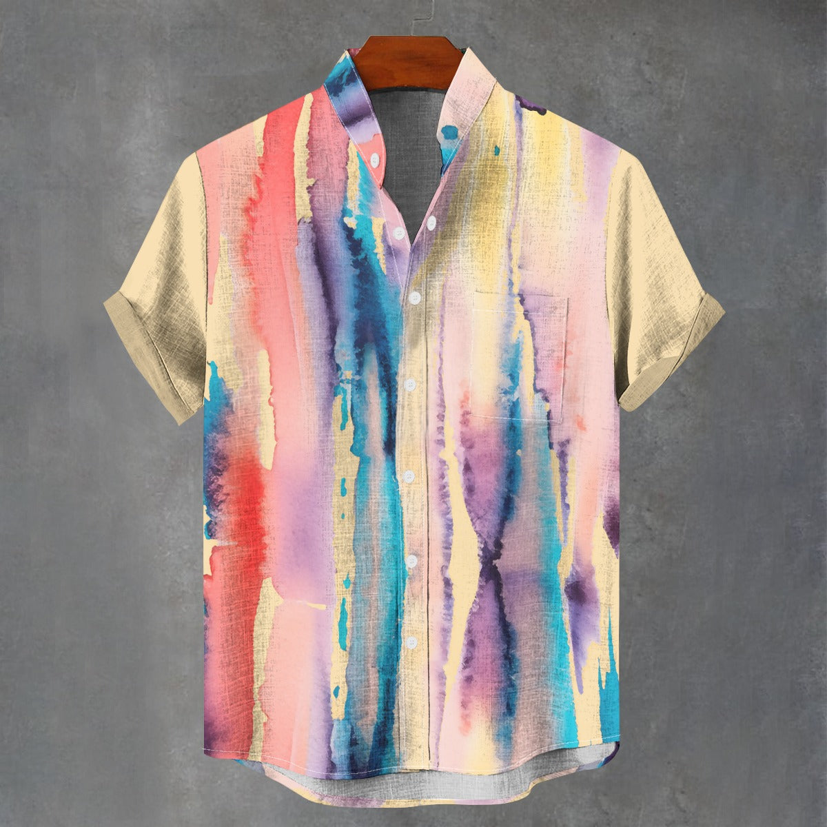 Watercolor Drip Print Men's Stand Collar Shirt