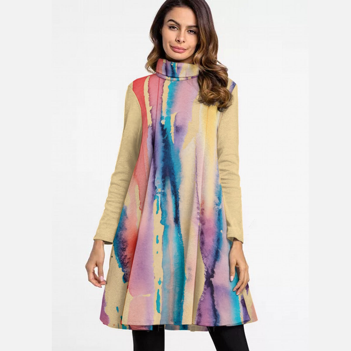 Watercolor Drip Women's High Neck Dress With Long Sleeves