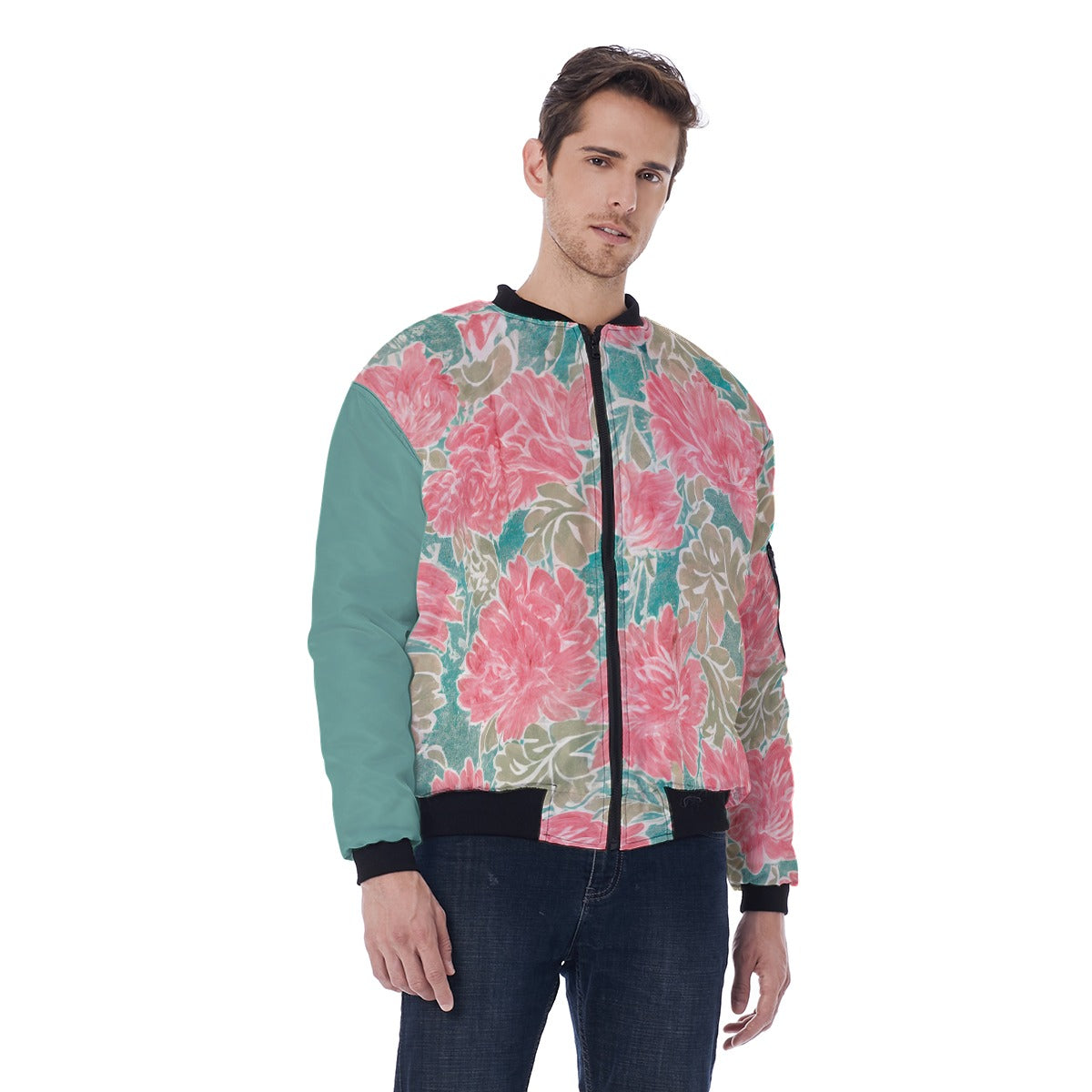 Water Color Floral Print Bomber Jacket With with Sleeve Pocket