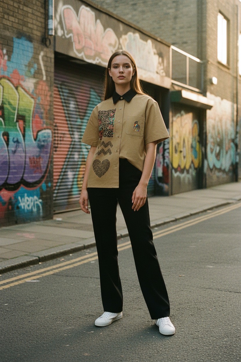 Beige shirt with black collar and various patterns on a white background