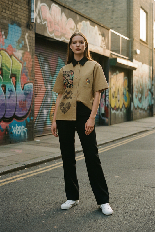 Beige shirt with black collar and various patterns on a white background
