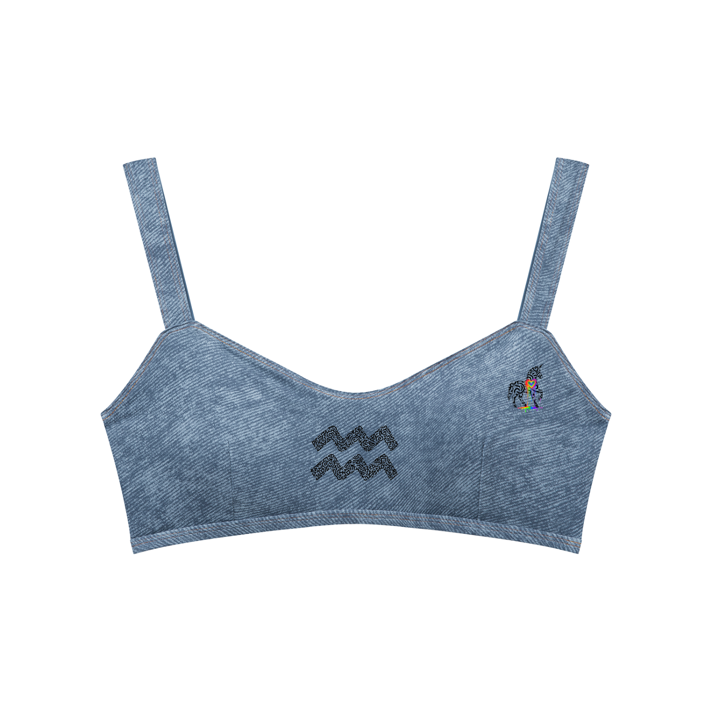 Blue sports bra with embroidered design on a white background
