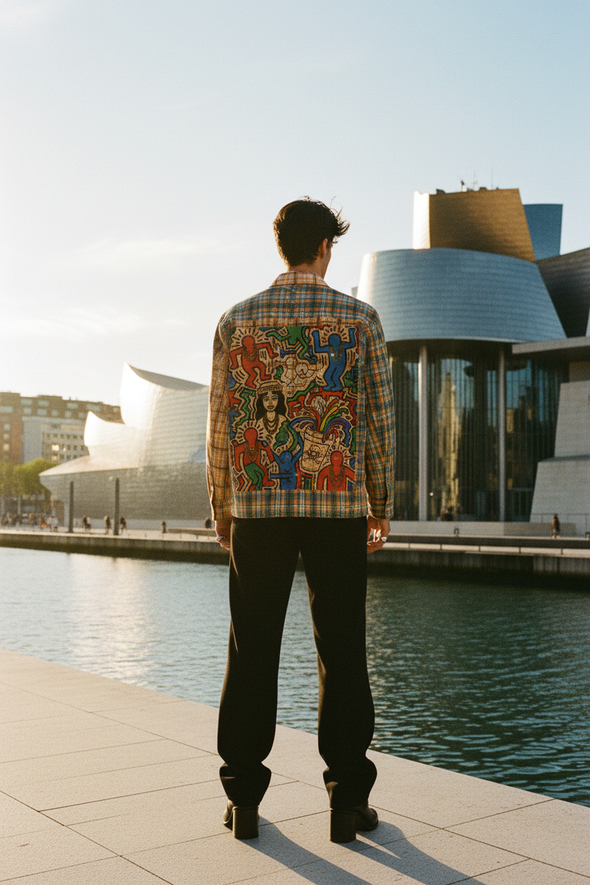A long-sleeve plaid button-up shirt shown flat against a white background, featuring a large colorful cartoon-style graphic print on the back.