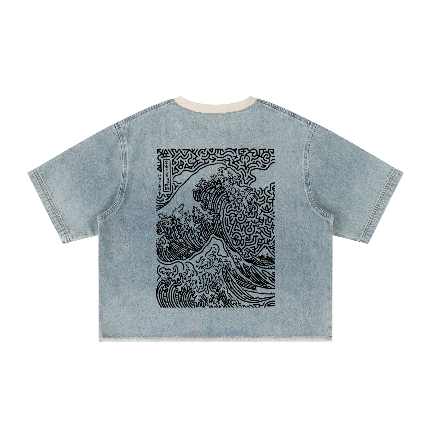 SQUIGGLE LIFE Unisex Vintage Wash Boxy Raw Hem Denim T-Shirt