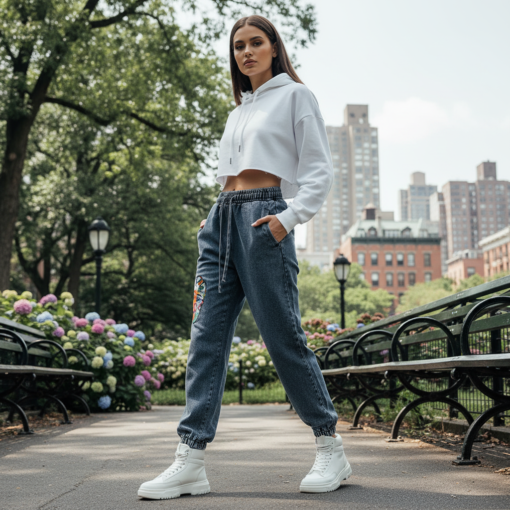 Blue jeans with a colorful patch on a white background