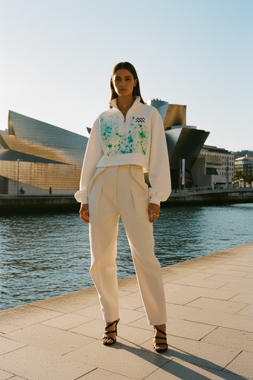 An off-white cropped half-zip sweatshirt with a green watercolor splatter print on the front, featuring a small black chevron logo on the left chest, displayed on a solid white background.