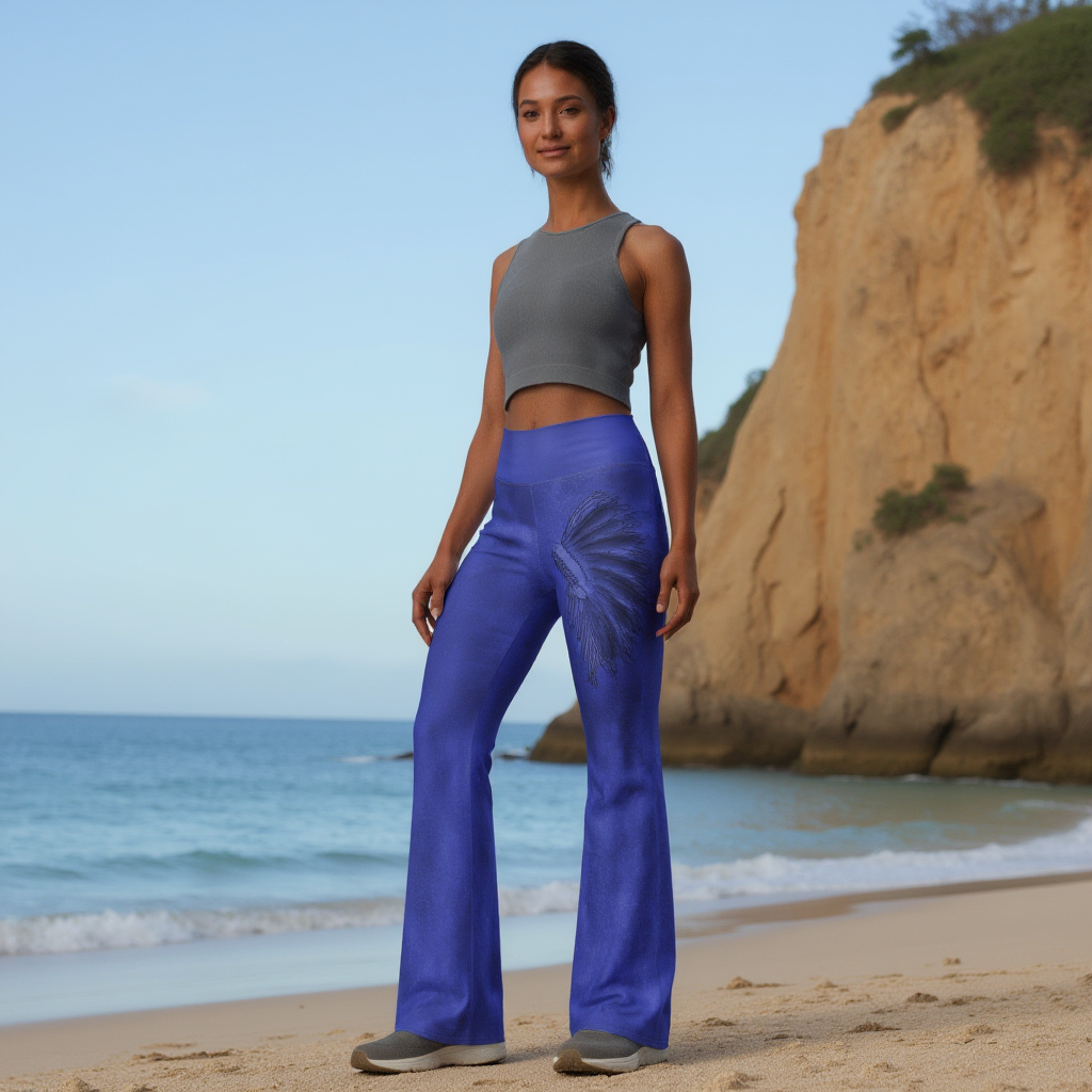 Blue Hazey Breeze Feather High Waist Flare leggings