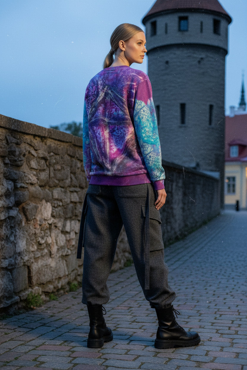 Colorful sweater with abstract design on a white background