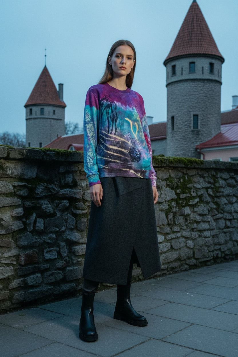 Colorful tie-dye sweatshirt with abstract designs on a white background