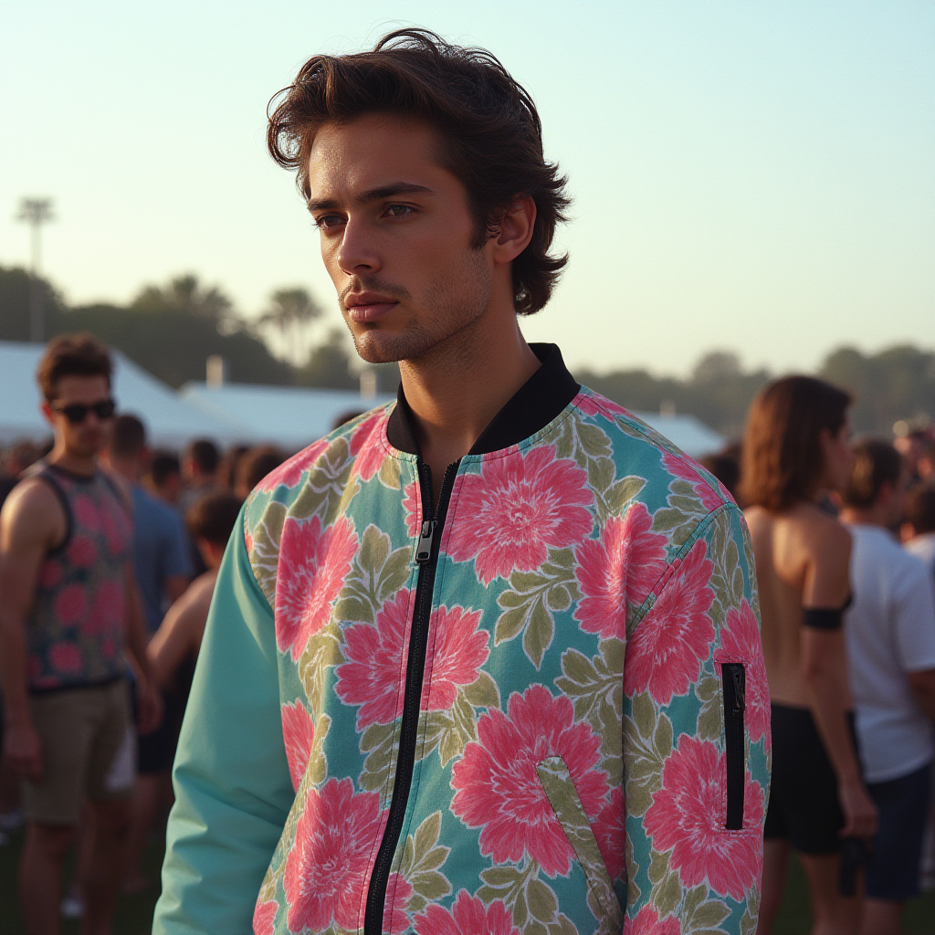 Water Color Floral Print Bomber Jacket With with Sleeve Pocket