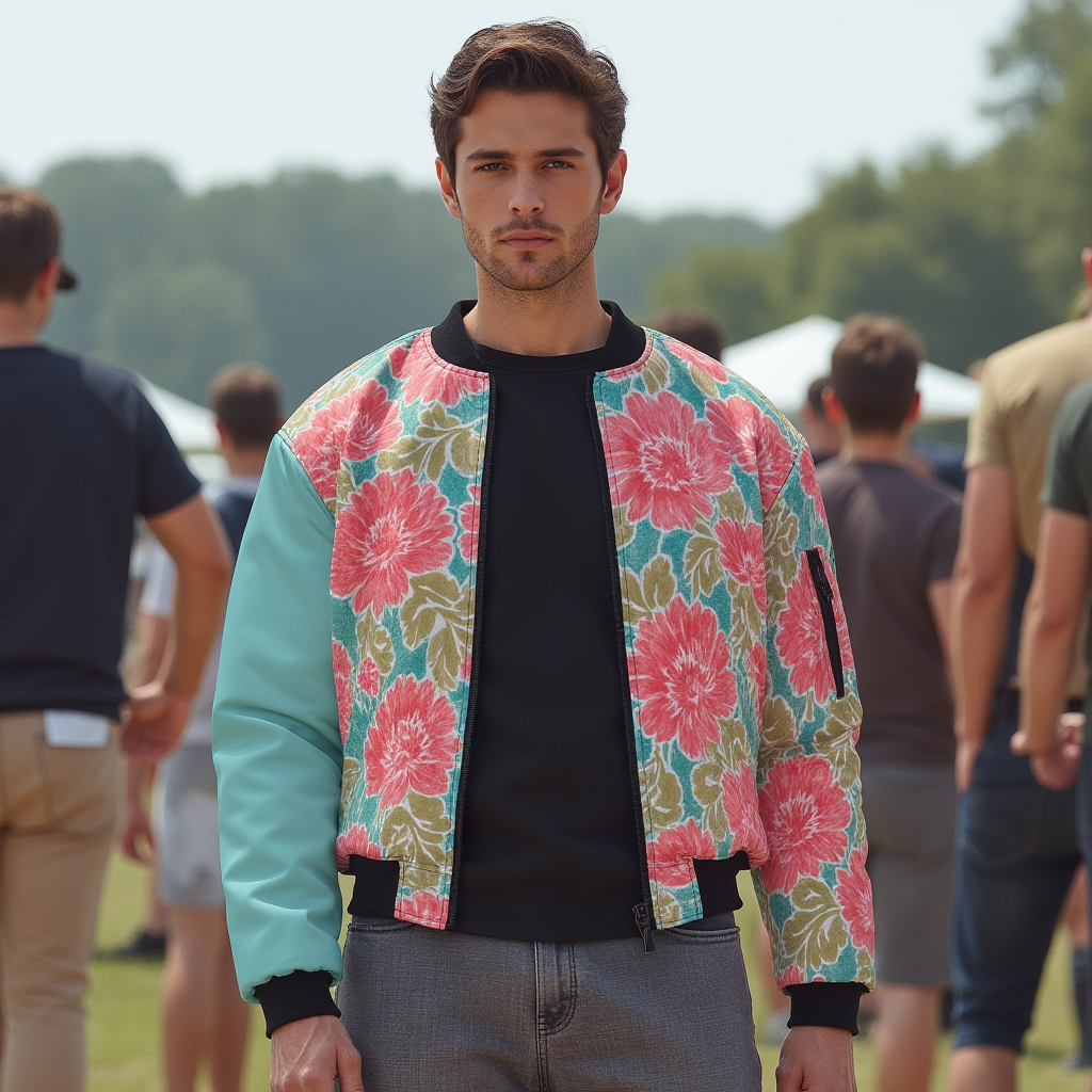 Water Color Floral Print Bomber Jacket With with Sleeve Pocket