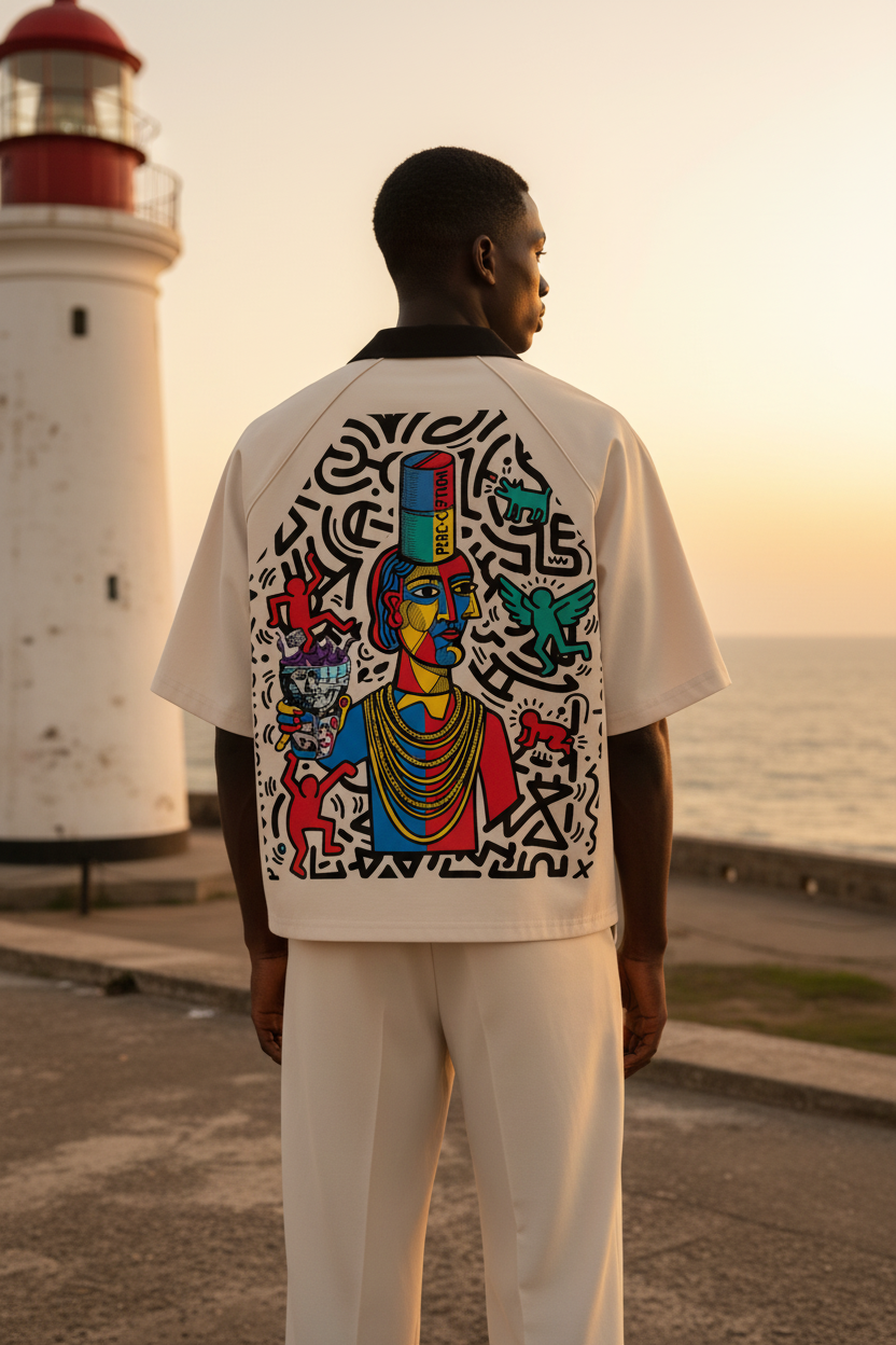 Beige shirt with a colorful graphic design on the back against a white background