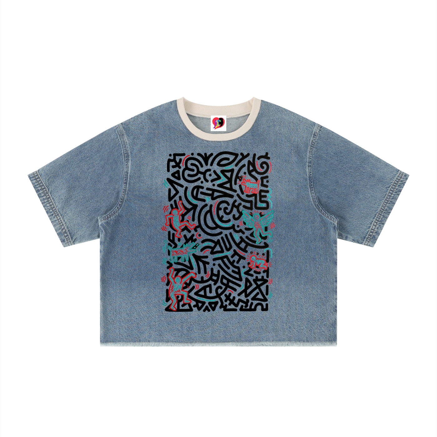SQUIGGLE LIFE Unisex Vintage Wash Boxy Raw Hem Denim T-Shirt