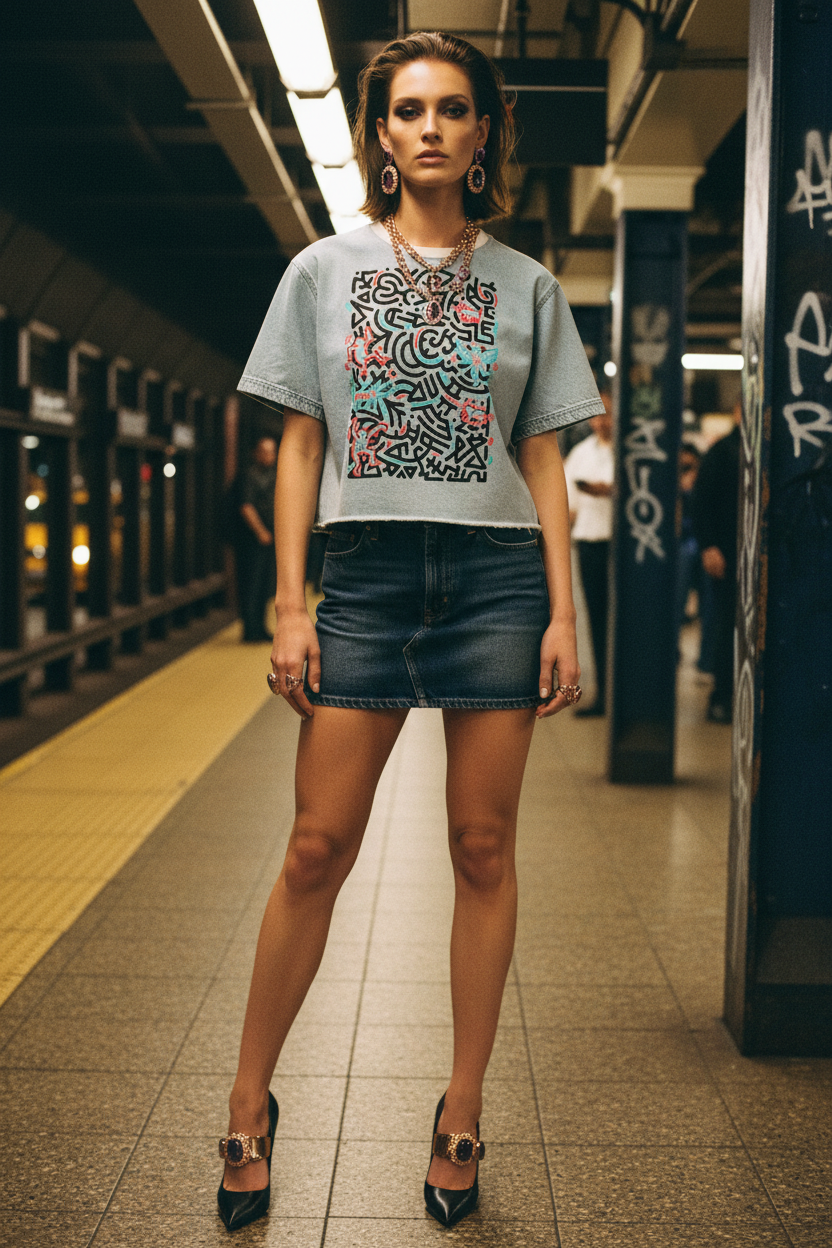 SQUIGGLE LIFE Unisex Vintage Wash Boxy Raw Hem Denim T-Shirt
