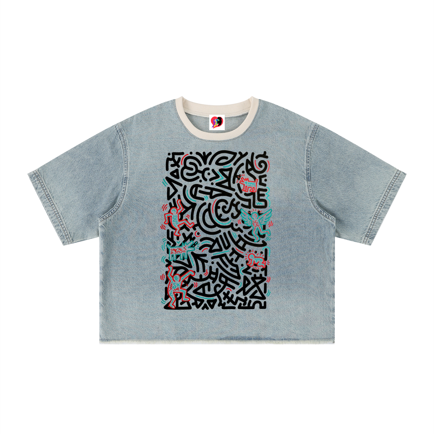 SQUIGGLE LIFE Unisex Vintage Wash Boxy Raw Hem Denim T-Shirt