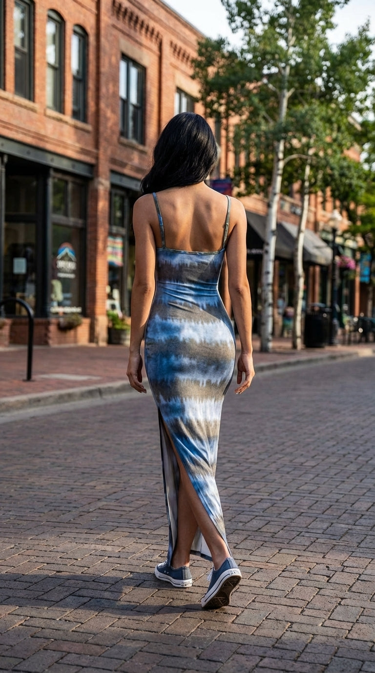 Shibori Stripes Women's Bodycon Long Dress with Slit