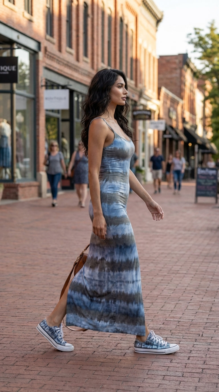 Shibori Stripes Women's Bodycon Long Dress with Slit