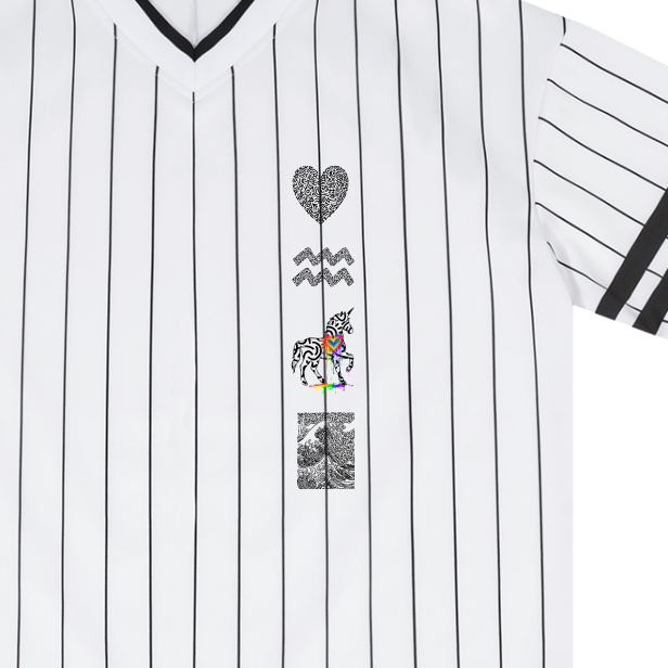 White baseball jersey with black pinstripes and various graphics on a white background