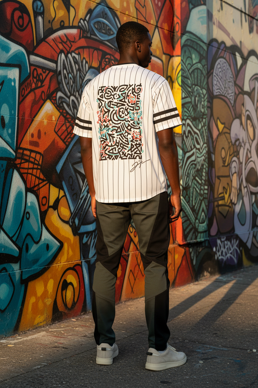 Baseball jersey with black and white pinstripes and a colorful design on the back against a white background