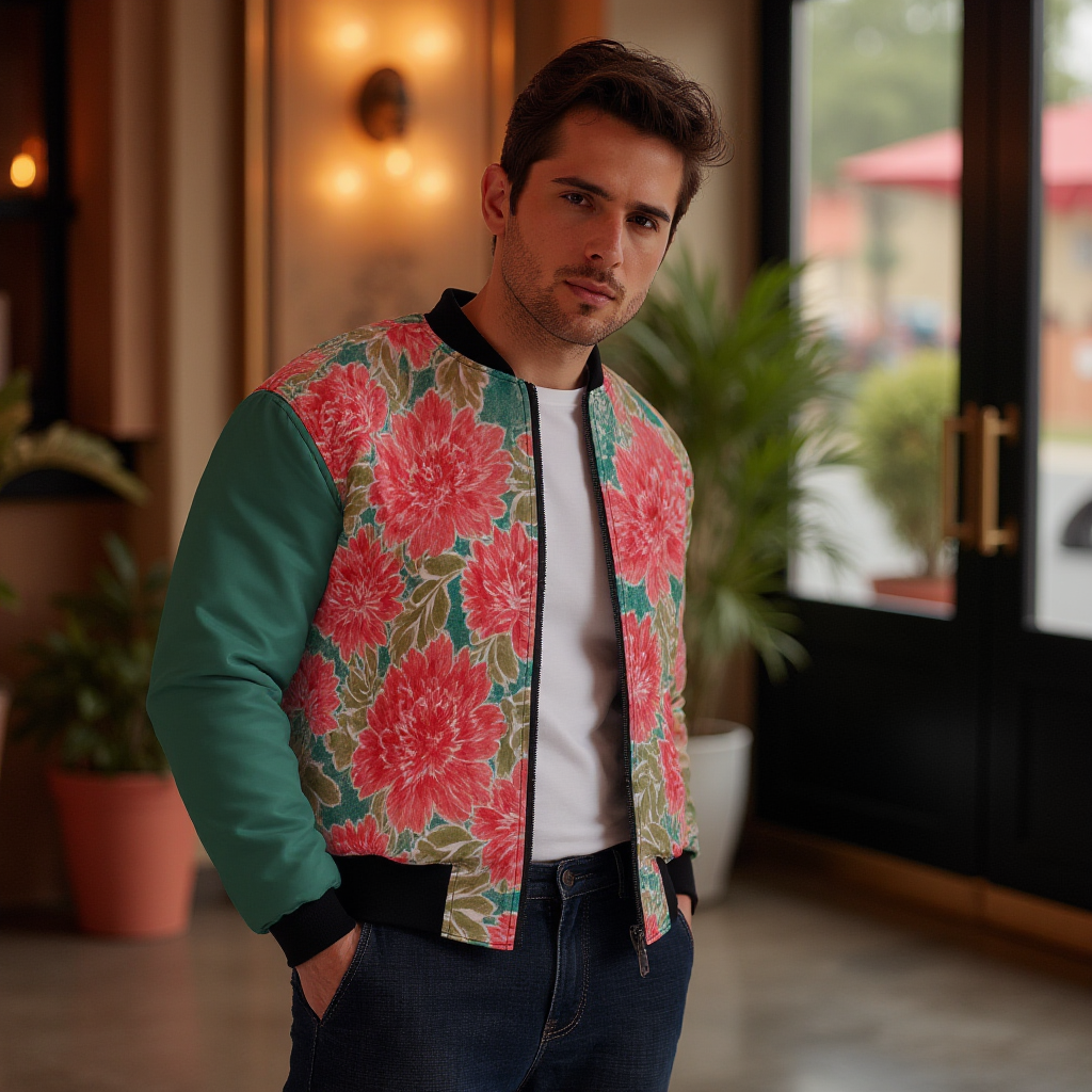 Water Color Floral Print Bomber Jacket With with Sleeve Pocket