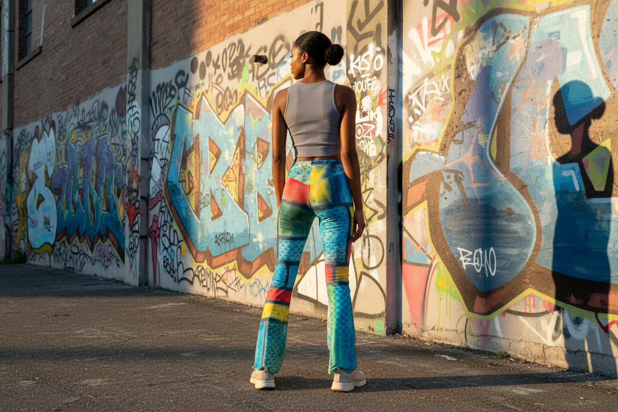 Woman wearing colorful leggings with a white background
