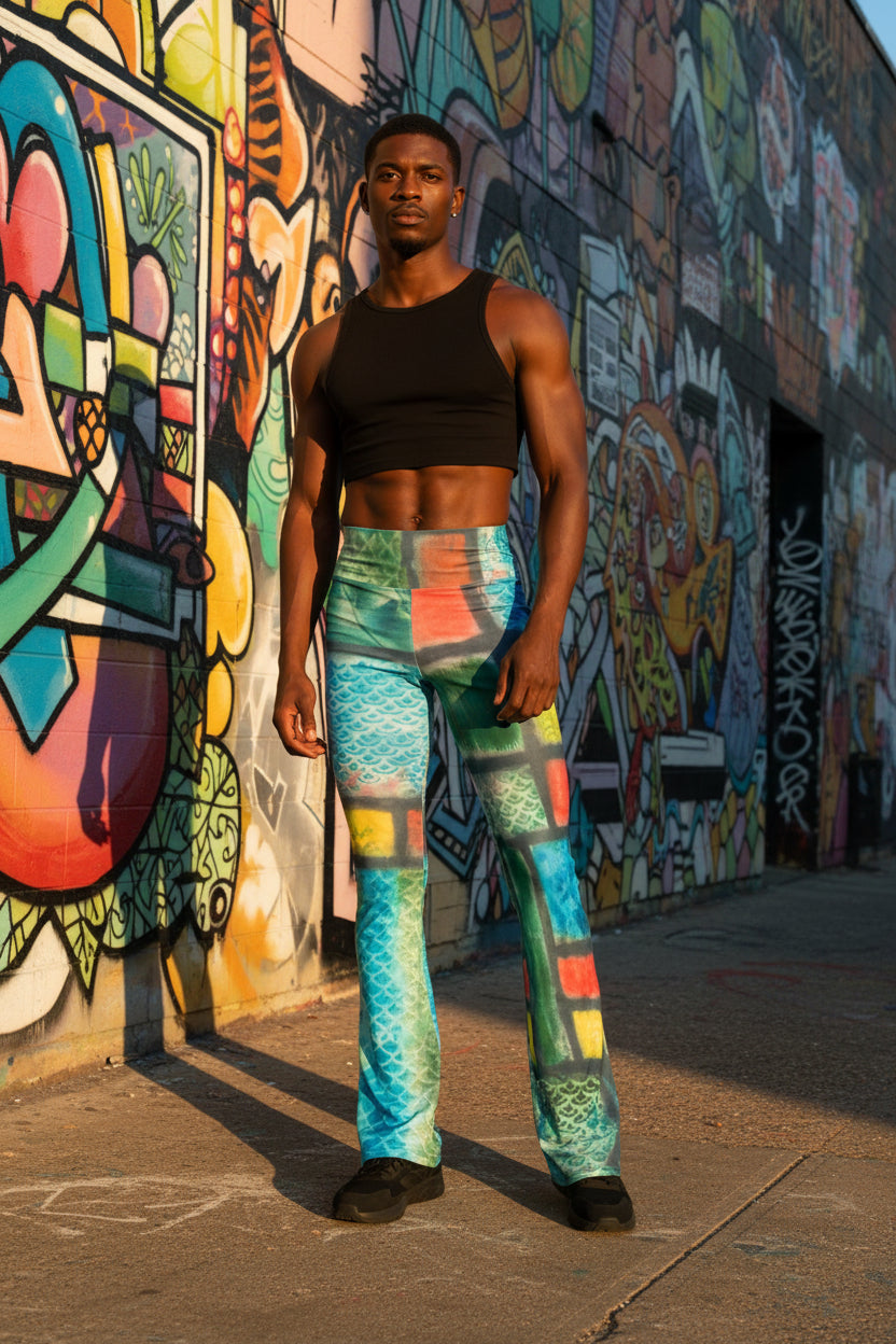 Woman wearing colorful patterned leggings and a gray crop top on a white background