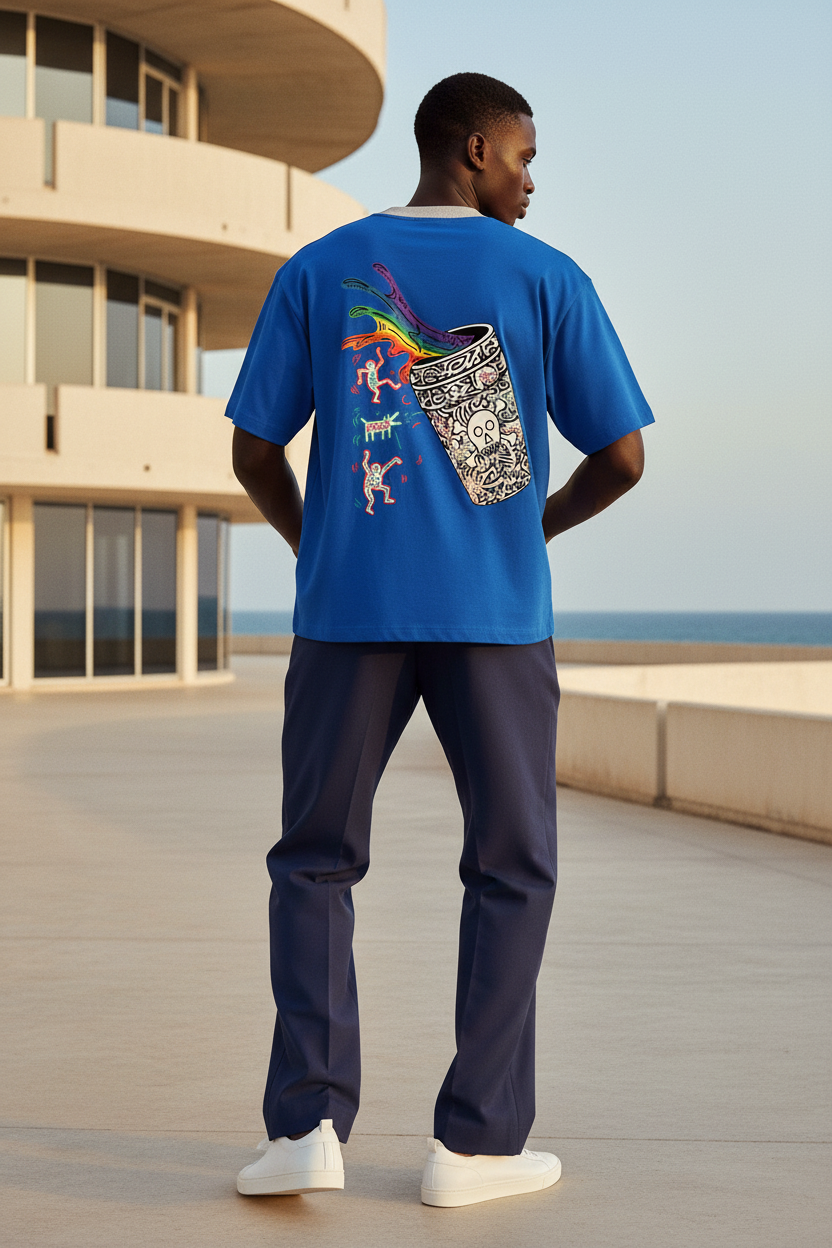 Blue t-shirt with colorful graphic design on the back against a white background